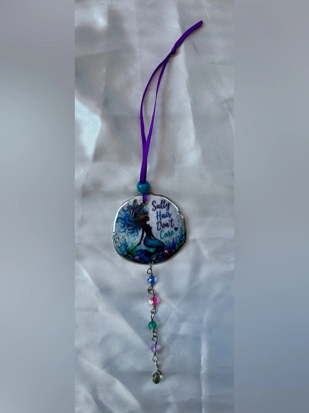Blue & Green Decoupage Mermaid Crystal Sand Dollar Suncatcher